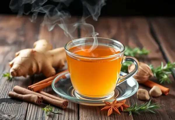 A cup of herbal tea with ginger and cinnamon on a wooden table.