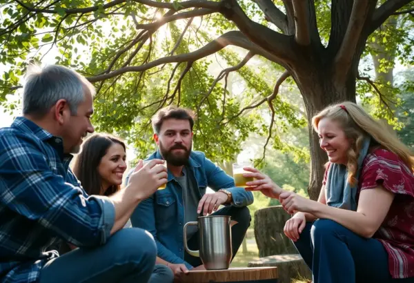 Group of friends enjoying yerba mate under a tree.