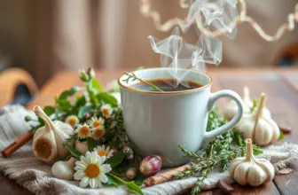 Various herbs around a steaming teacup, symbolizing warmth and health benefits.