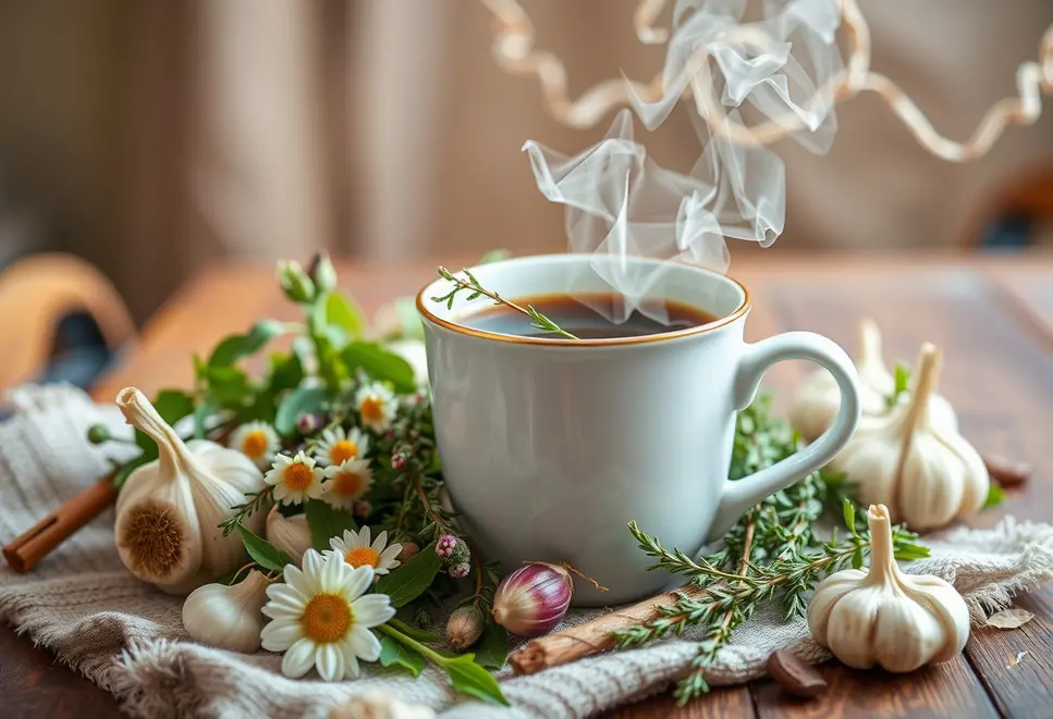 Various herbs around a steaming teacup, symbolizing warmth and health benefits.