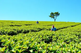 Polana białej herbaty pod błękitnym niebem z osobami zbierającymi liście.
