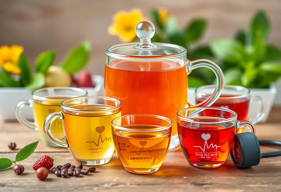 Variety of teas with medical symbols indicating cardiovascular effects.