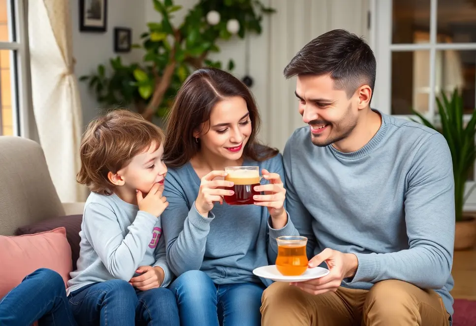 Family gathered around a table sharing herbal tea, exemplifying warmth and wellness.