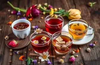 Zestaw herbat kwiatowych w różnych filiżankach z suszonymi kwiatami dookoła.