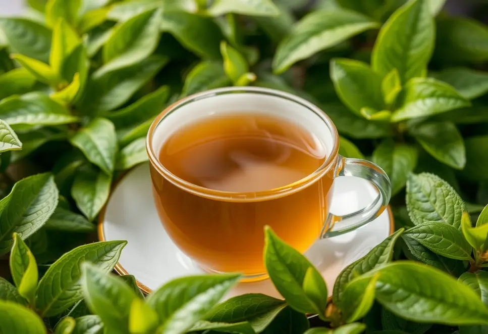 Steaming cup of green tea surrounded by green leaves.