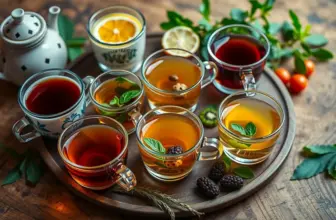 Picturesque cups of tea with fresh herbs and fruits on a wooden table.