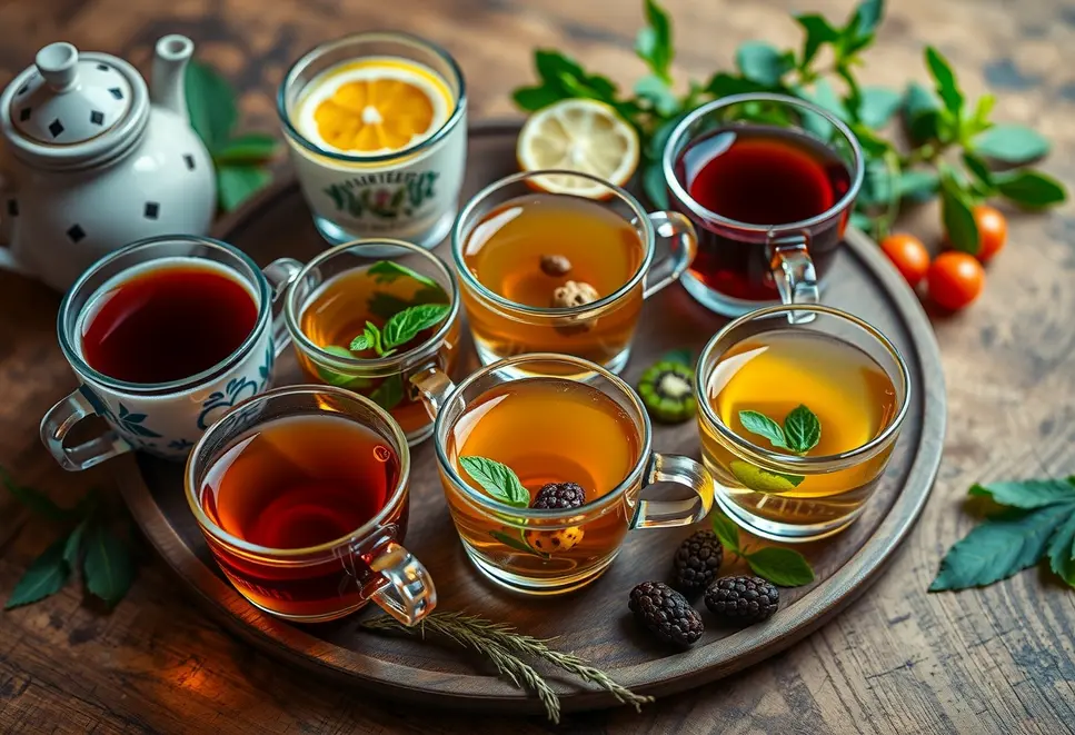 Picturesque cups of tea with fresh herbs and fruits on a wooden table.