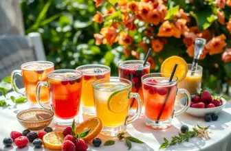 Collage of various summer fruit teas with colorful ingredients in a bright setting.