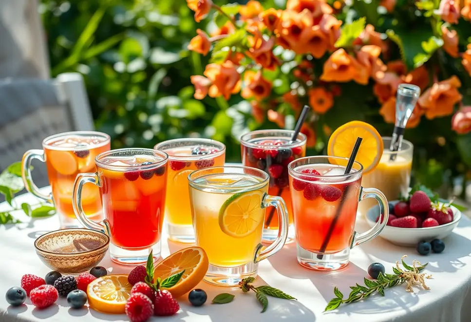 Collage of various summer fruit teas with colorful ingredients in a bright setting.