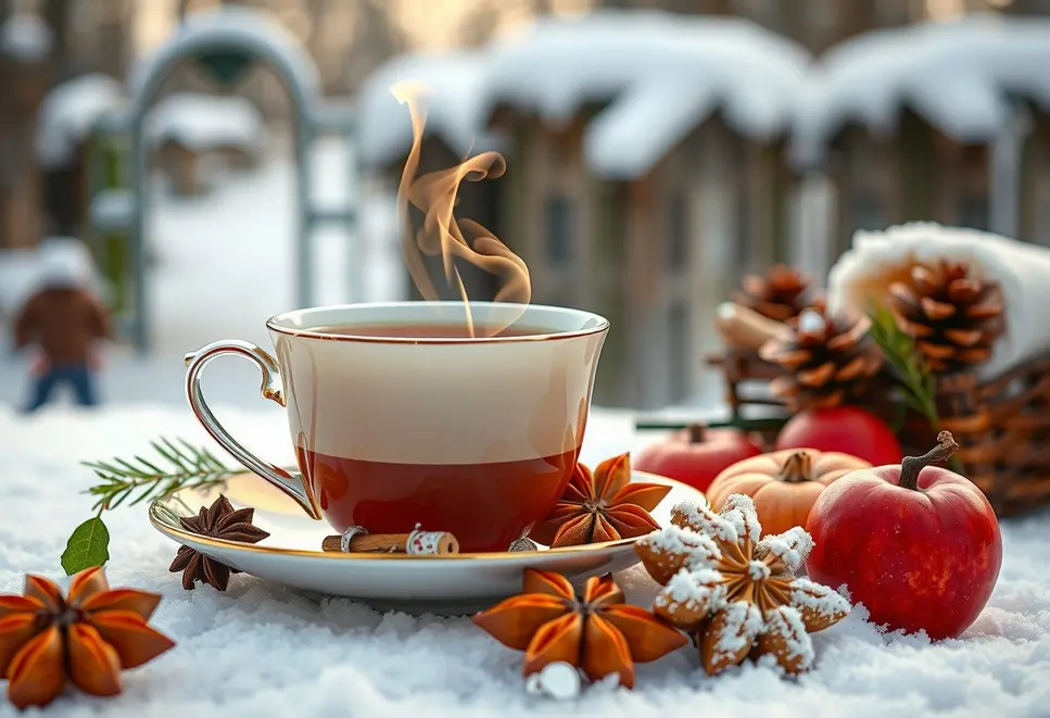 Filiżanka herbaty z parą w zimowym krajobrazie.