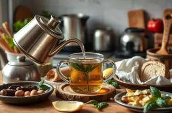 Herbal tea being brewed in a cozy kitchen setting, emphasizing health and relaxation.