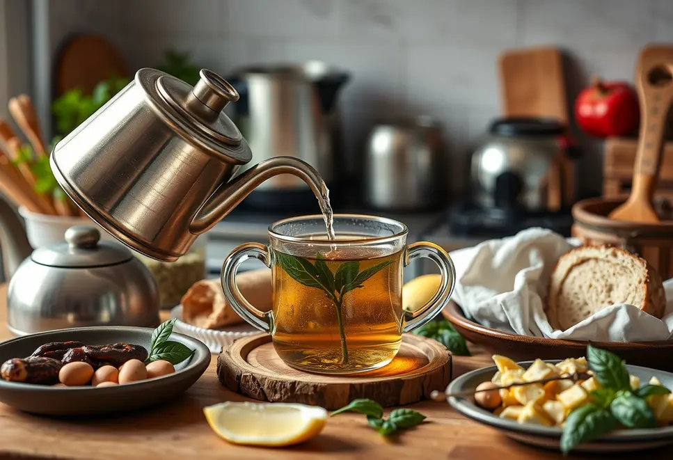 Herbal tea being brewed in a cozy kitchen setting, emphasizing health and relaxation.