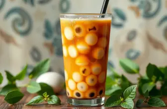A refreshing glass of bubble tea with visible tapioca pearls, showing condensation.