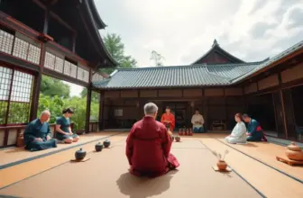 A panoramic shot of participants engaging in a Japanese tea ceremony in a traditional setting.