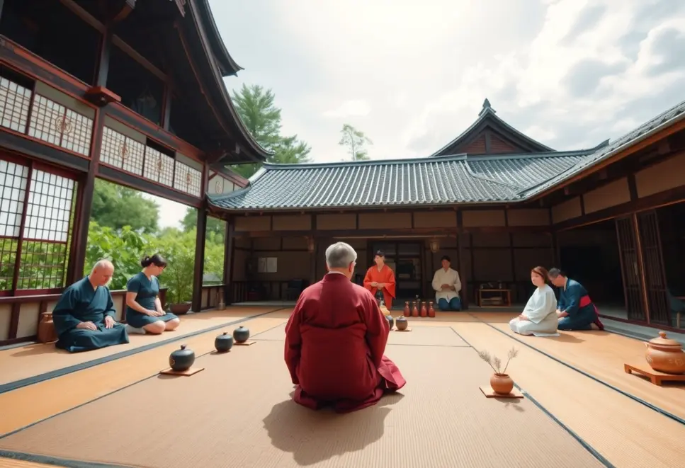 A panoramic shot of participants engaging in a Japanese tea ceremony in a traditional setting.