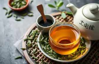 Chińskie narzędzia herbaciane i świeże liście herbaty w spokojnej scenerii.