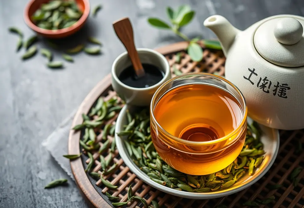 Chińskie narzędzia herbaciane i świeże liście herbaty w spokojnej scenerii.