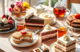 An elegant table with different cakes and tea in the afternoon sunlight.