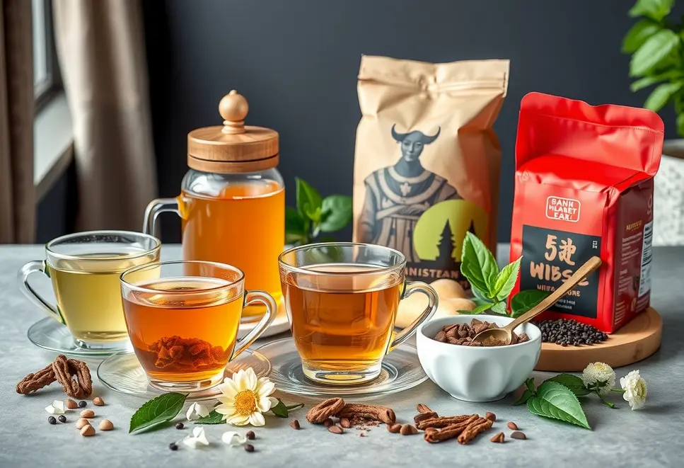 A well-composed display of popular functional teas for 2025, representing modern tea trends.