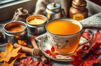 A cozy presentation of turmeric honey tea with autumn leaves and candlelight.