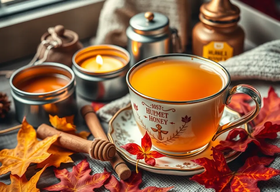 A cozy presentation of turmeric honey tea with autumn leaves and candlelight.