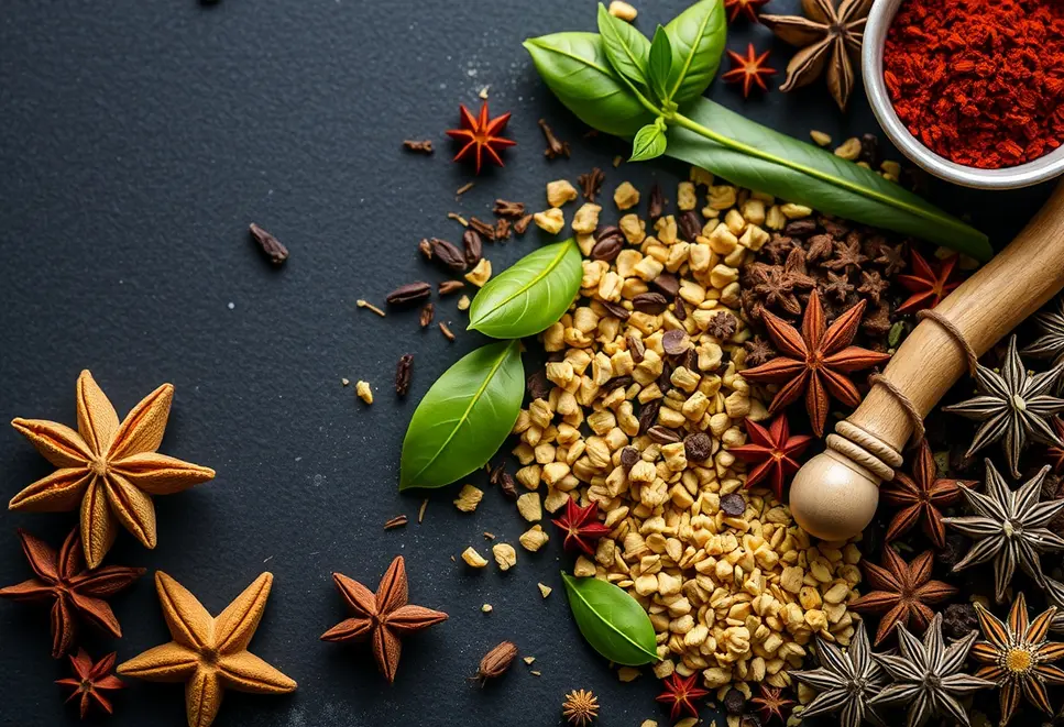 Variety of teas and spices arranged to showcase flavor and aroma combinations.