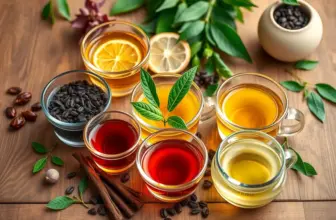 Various teas beneficial for physical work with props illustrating their benefits.