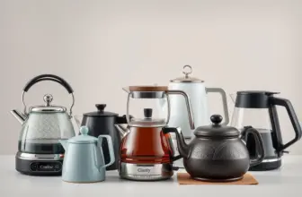 A variety of tea kettles including electric, glass, cast iron, and enamel models.