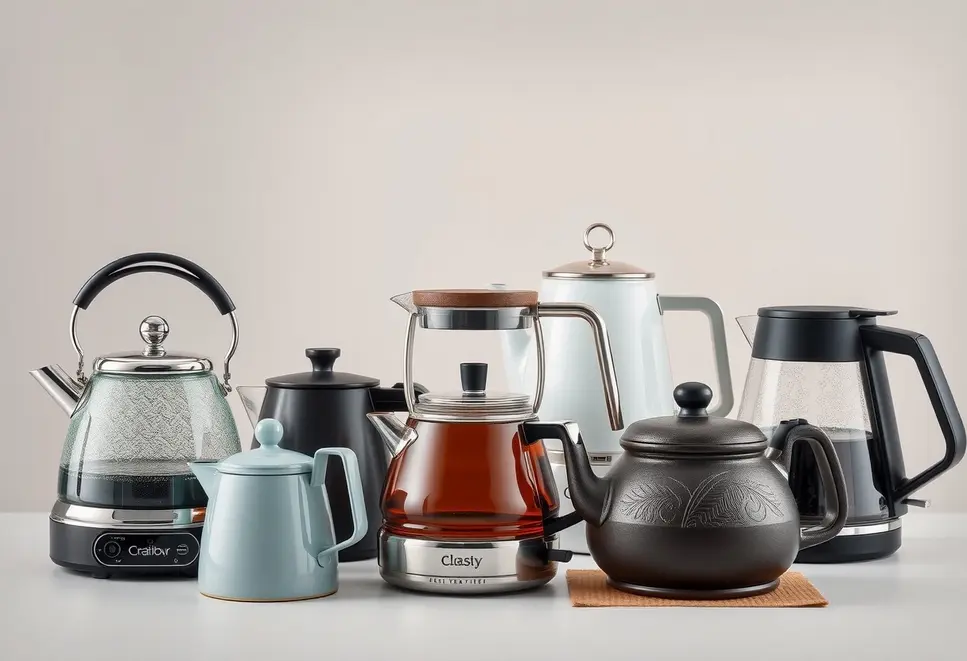 A variety of tea kettles including electric, glass, cast iron, and enamel models.