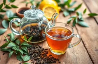 A selection of tea leaves, a clear teapot, and a steaming teacup on a wooden table.