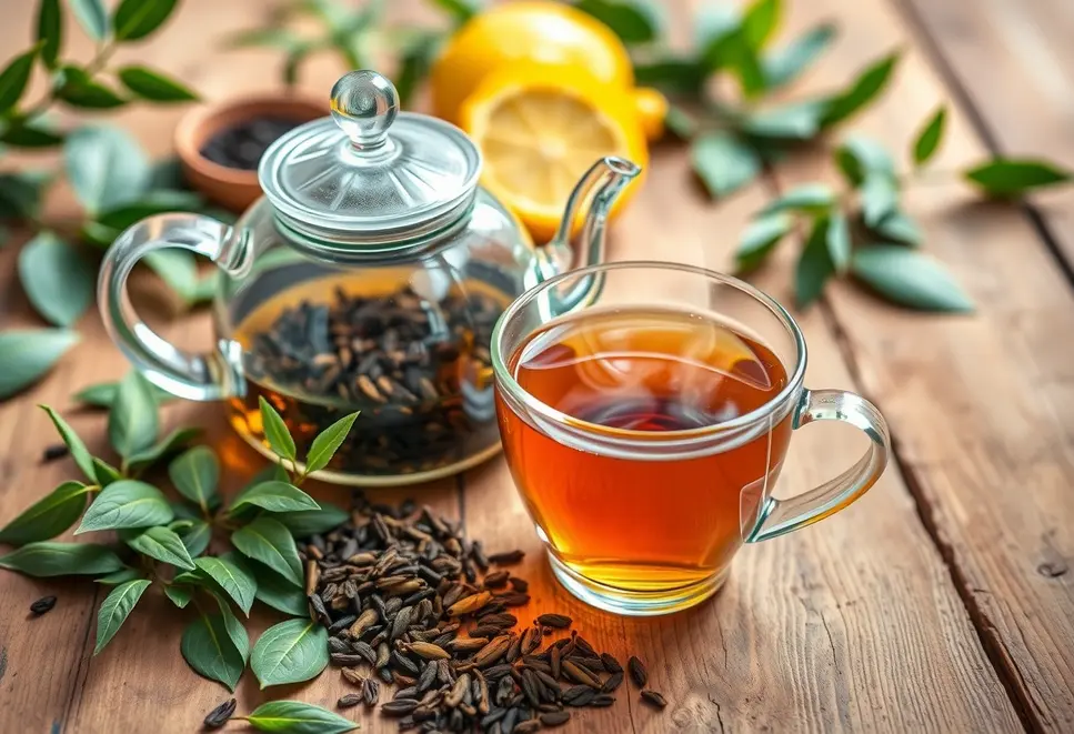 A selection of tea leaves, a clear teapot, and a steaming teacup on a wooden table.