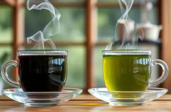 Side-by-side steaming cups of black and green tea in a teahouse setting, highlighting their differences.