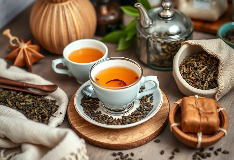 Home café setup with chai, matcha, and loose leaf teas elegantly arranged.