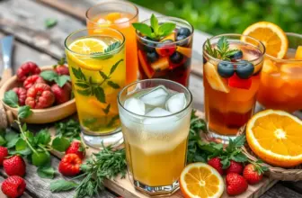 A variety of homemade ice teas with fruits and herbs displayed on a picnic table.