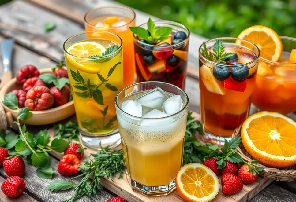 A variety of homemade ice teas with fruits and herbs displayed on a picnic table.