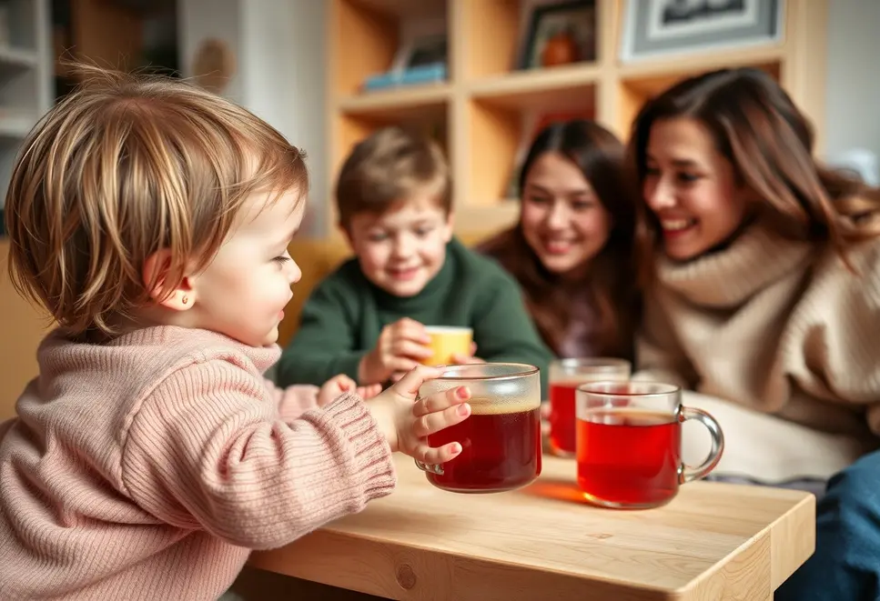 Family gathered enjoying rooibos tea, emphasizing its child-friendly attributes.