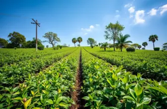 Widok na plantację herbaty z różnymi roślinami pod spokojnym niebem, symbolizujący odkrycie prawd o afrodyzyjnych właściwościach.