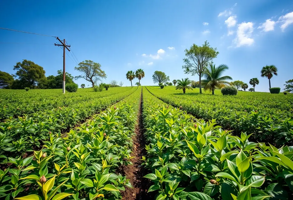 Widok na plantację herbaty z różnymi roślinami pod spokojnym niebem, symbolizujący odkrycie prawd o afrodyzyjnych właściwościach.