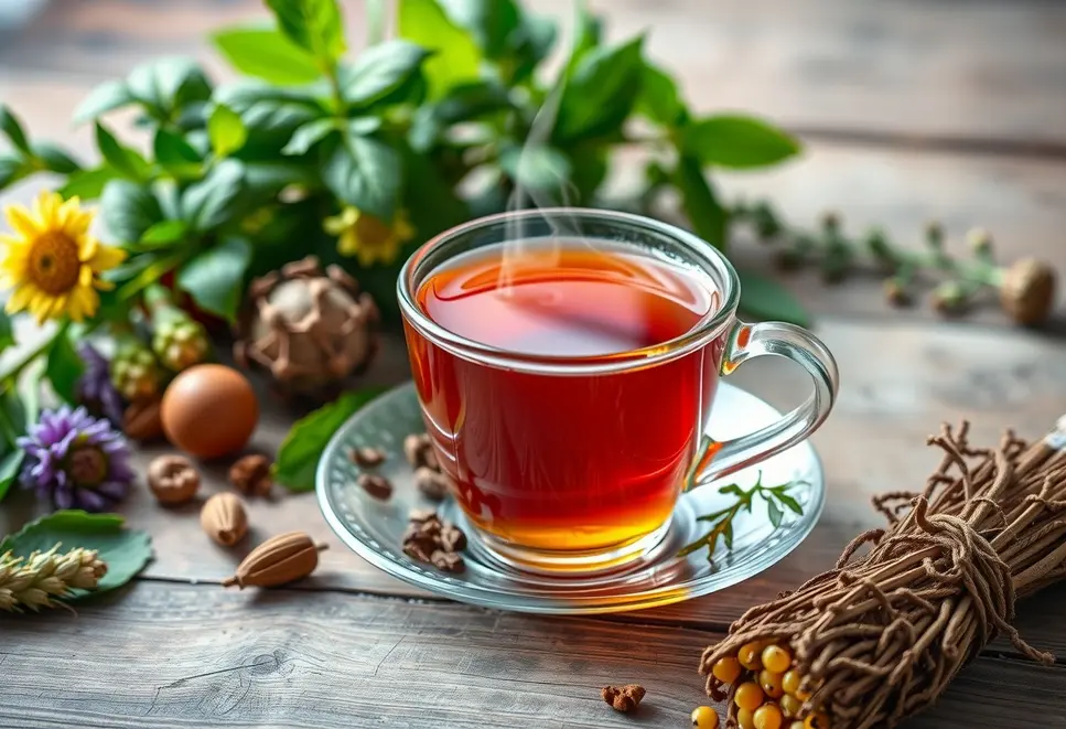 Herbal tea with fresh and dried herbs, highlighting tea's role in allergy relief.