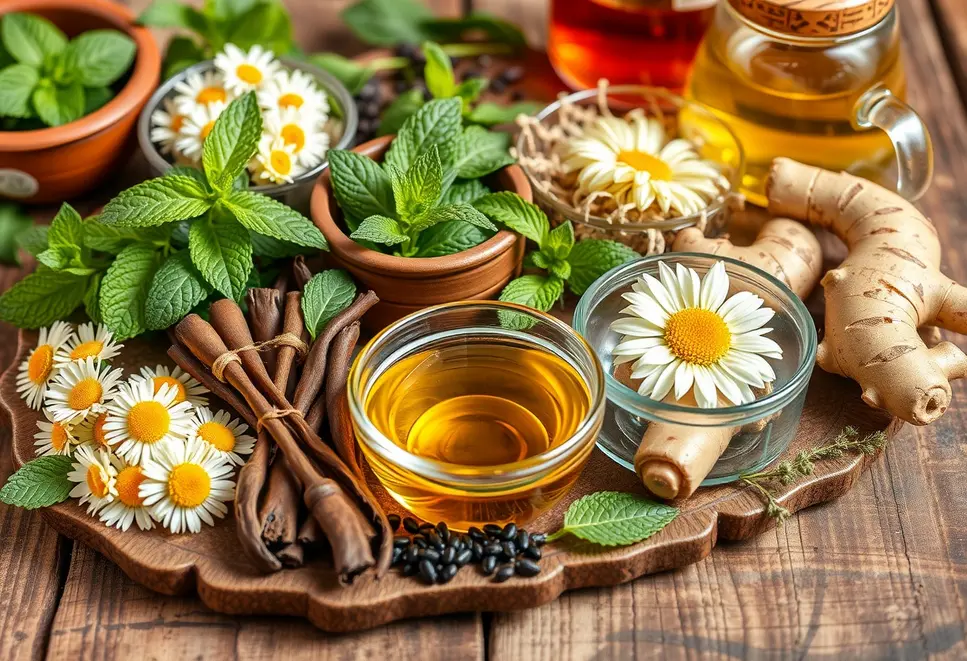 Różne herbaty ziołowe na stole dla lepszego trawienia.