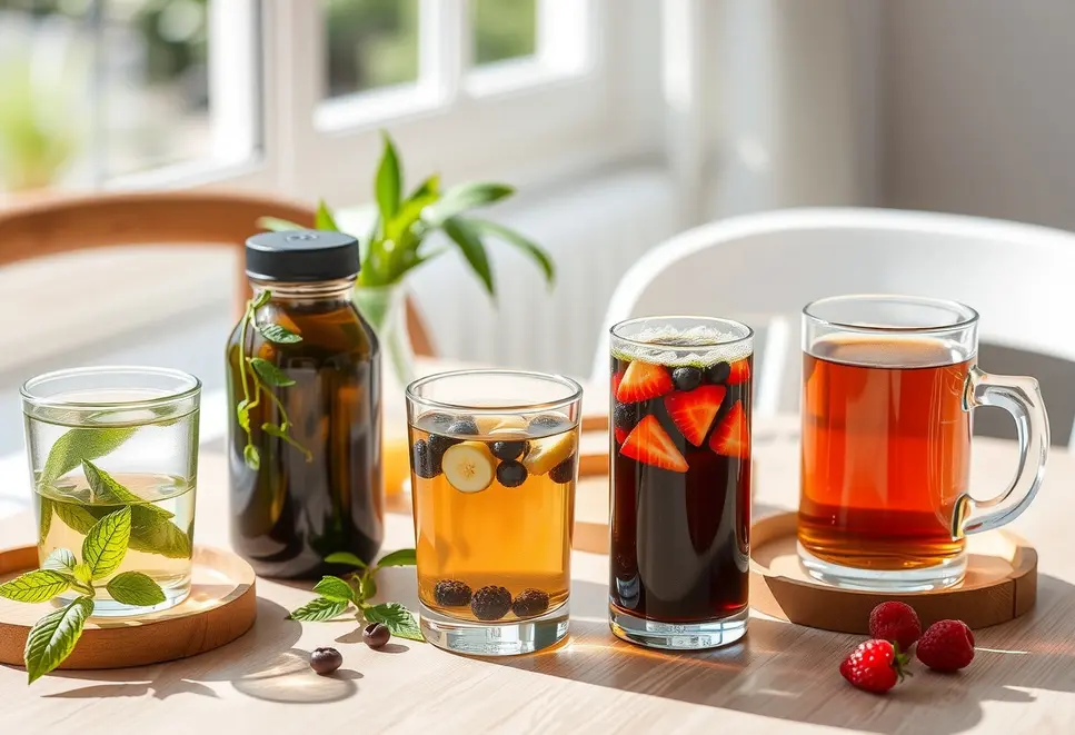 Breakfast table with various types of tea, including green and black.
