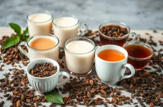 An assortment of tea cups with different plant milks and tea leaves.