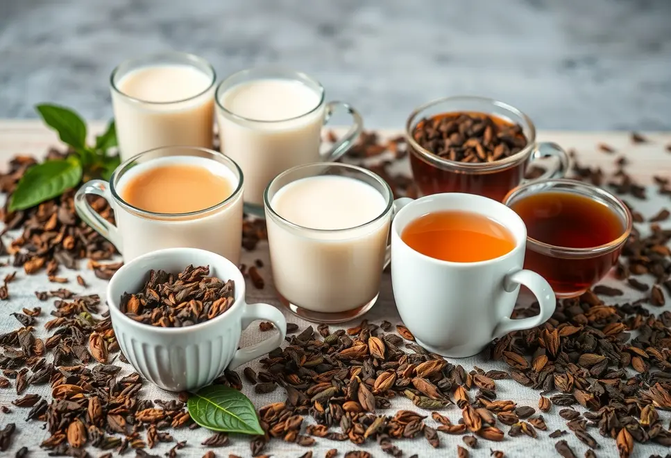 An assortment of tea cups with different plant milks and tea leaves.