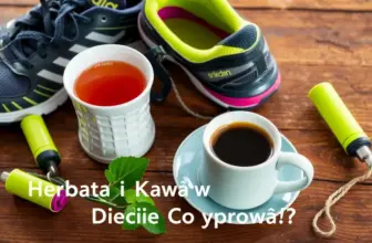 Kubki z herbatą i kawą otoczone sprzętem sportowym.
