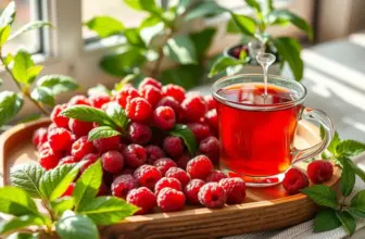 Steaming cup of raspberry leaf tea with fresh raspberries.