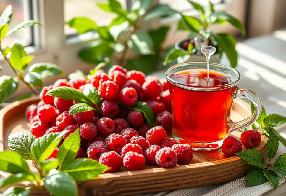 Steaming cup of raspberry leaf tea with fresh raspberries.