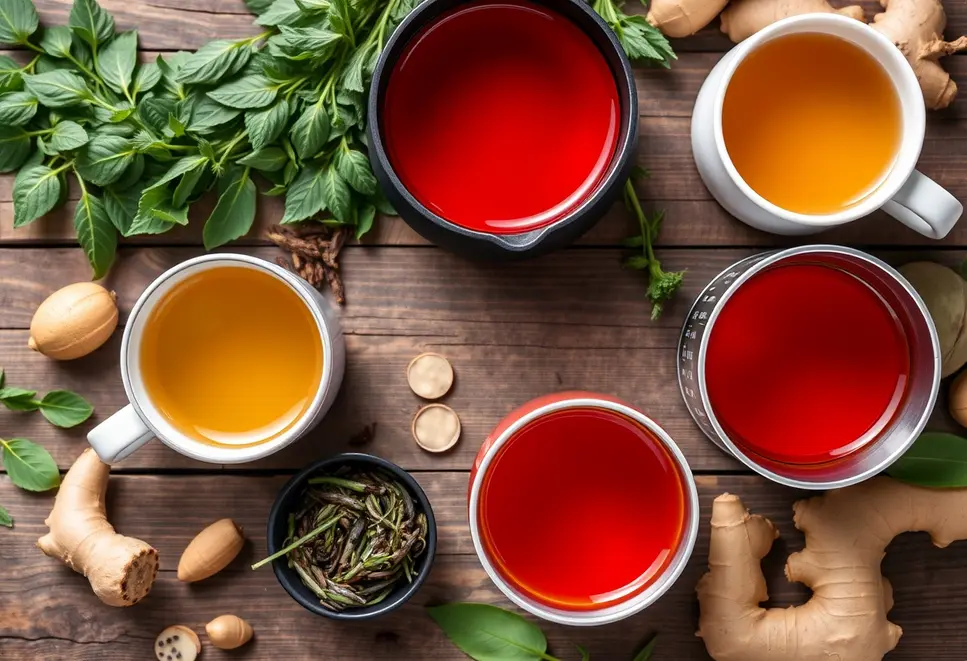 Various detox tea ingredients and brewing pots illustrating their cleansing synergy.