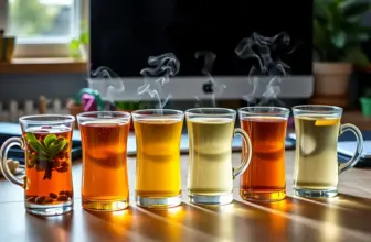 Zestaw różnych herbat na biurku w domowym biurze, podkreślający ich korzyści.