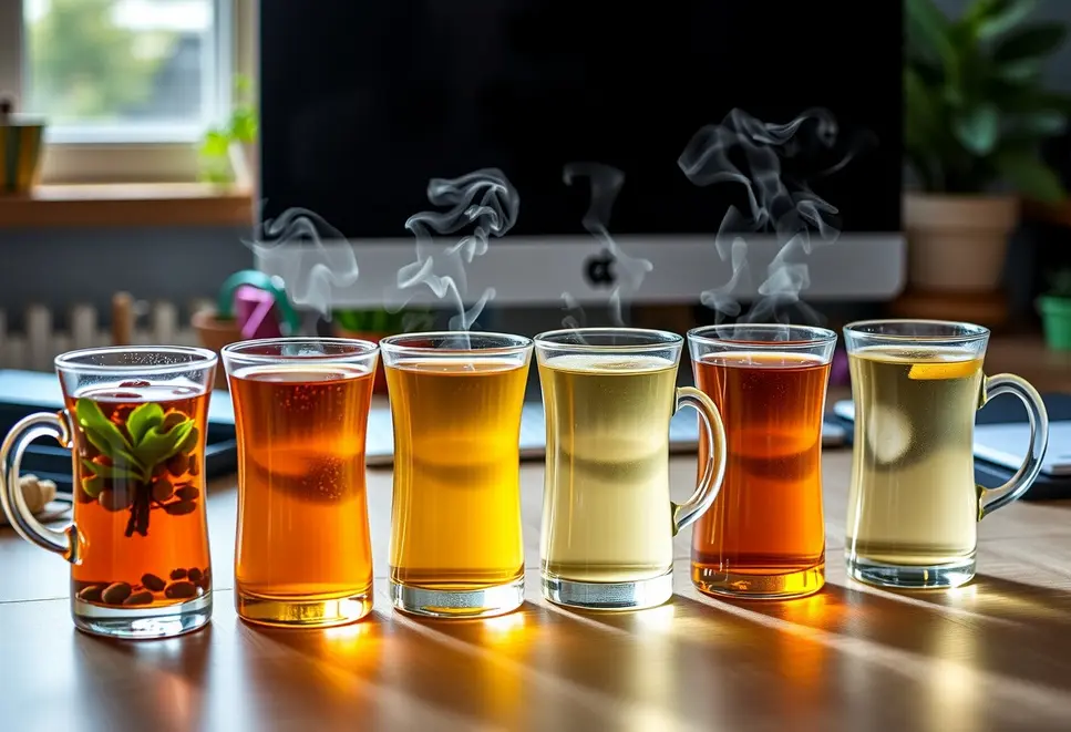 Zestaw różnych herbat na biurku w domowym biurze, podkreślający ich korzyści.