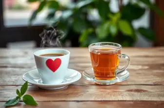 Coffee and tea cups on a table with heart symbols, denoting balanced heart health.
